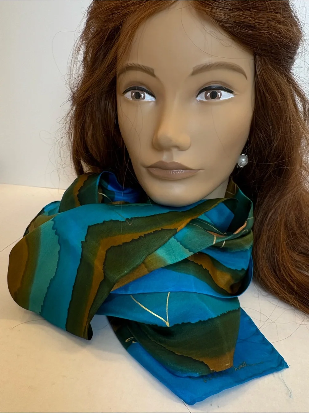 Vintage Luciano Micallef Silk Scarf Hand Painted Blue Green Flower Art Panel 54x